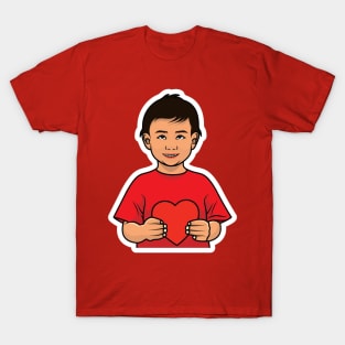 Cute Boy Holding Heart with Showing Emotion Sticker design vector illustration. People holiday icon concept. People holding hearts. People expressing love concept. T-Shirt